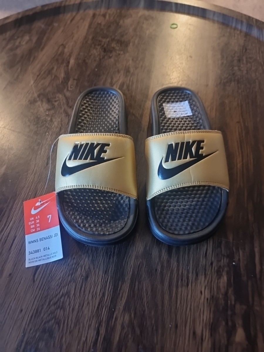 Nike Benassi JDI Women's Black Gold Swoosh Logo Slides Sliders uk