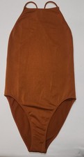 Women Brown Halter Open Cross Back Bodysuit
