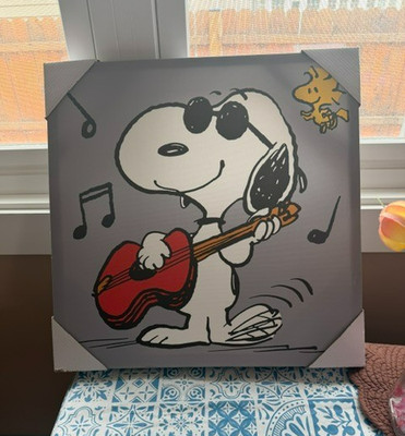 New Peanuts Snoopy Playing Guitar Woodcock Painting Wrapped Canvas Wall Decor