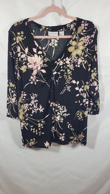 Jaclyn Smith Women's 1X Black Floral V-Neck 3/4 Sleeve Ruched Knit Top