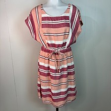 Old Navy Dress Small Petite Peach Pink Striped Drawstring Waist Linen Blend SP