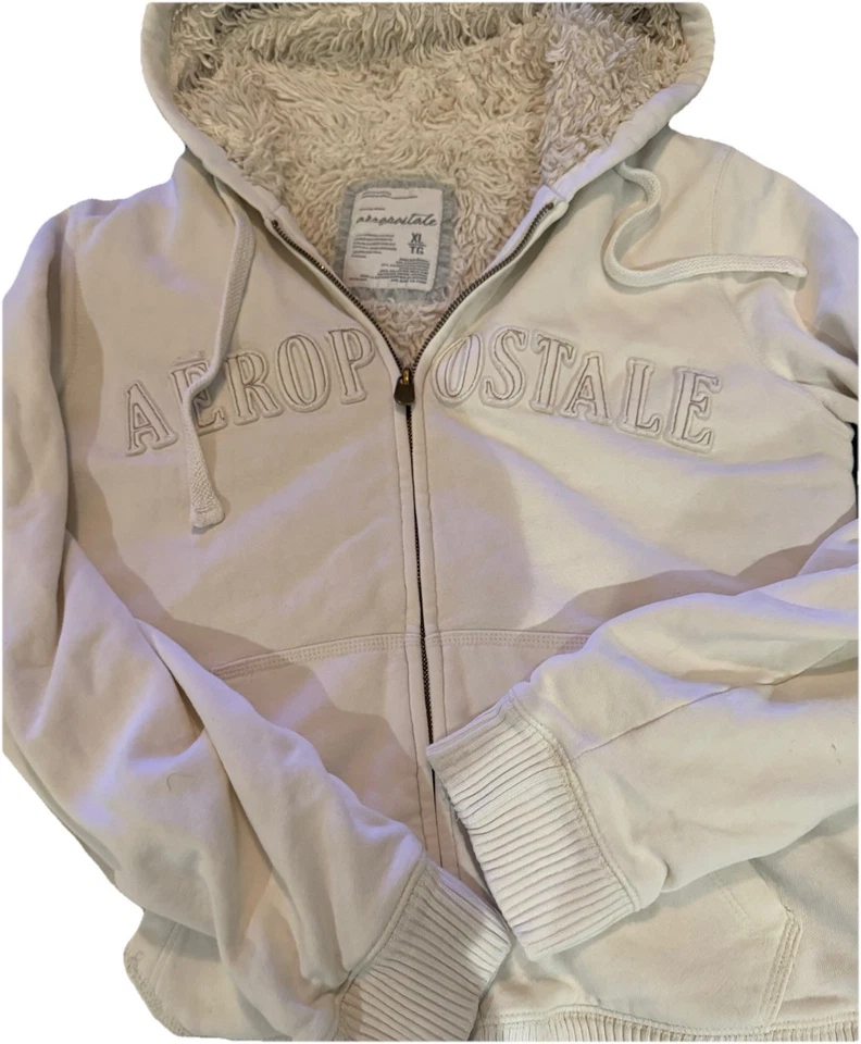 Винтажная женская толстовка с капюшоном Y2k 90-е Aeropostale Aero с меховой подкладкой размер XL кремовый белый цвет слоновой кости - Изображение 2 из 4