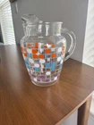 Vintage Anchor Hocking Glass Pitcher Geometric Square Design Purple Blue Orange