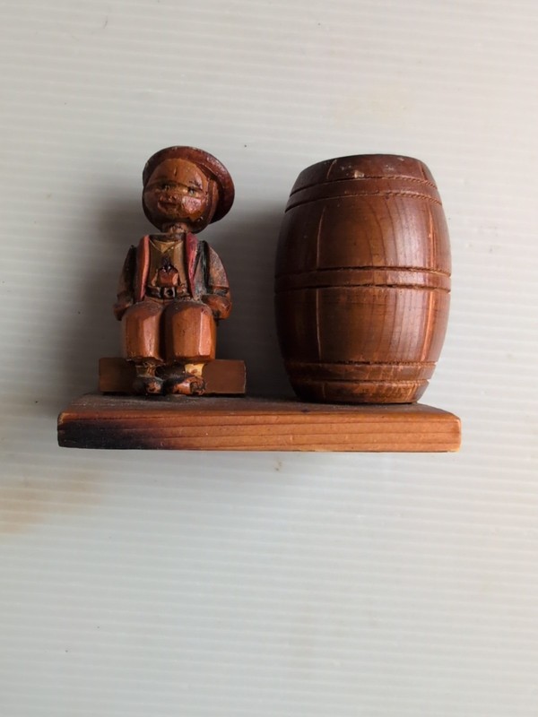 Carved Bavarian boy with a toothpick holder barrel - vintage European carving