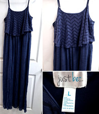 Just Be Maxi Dress Womens Navy Blue Sleeveless Top Tiered Lace Overlay Large