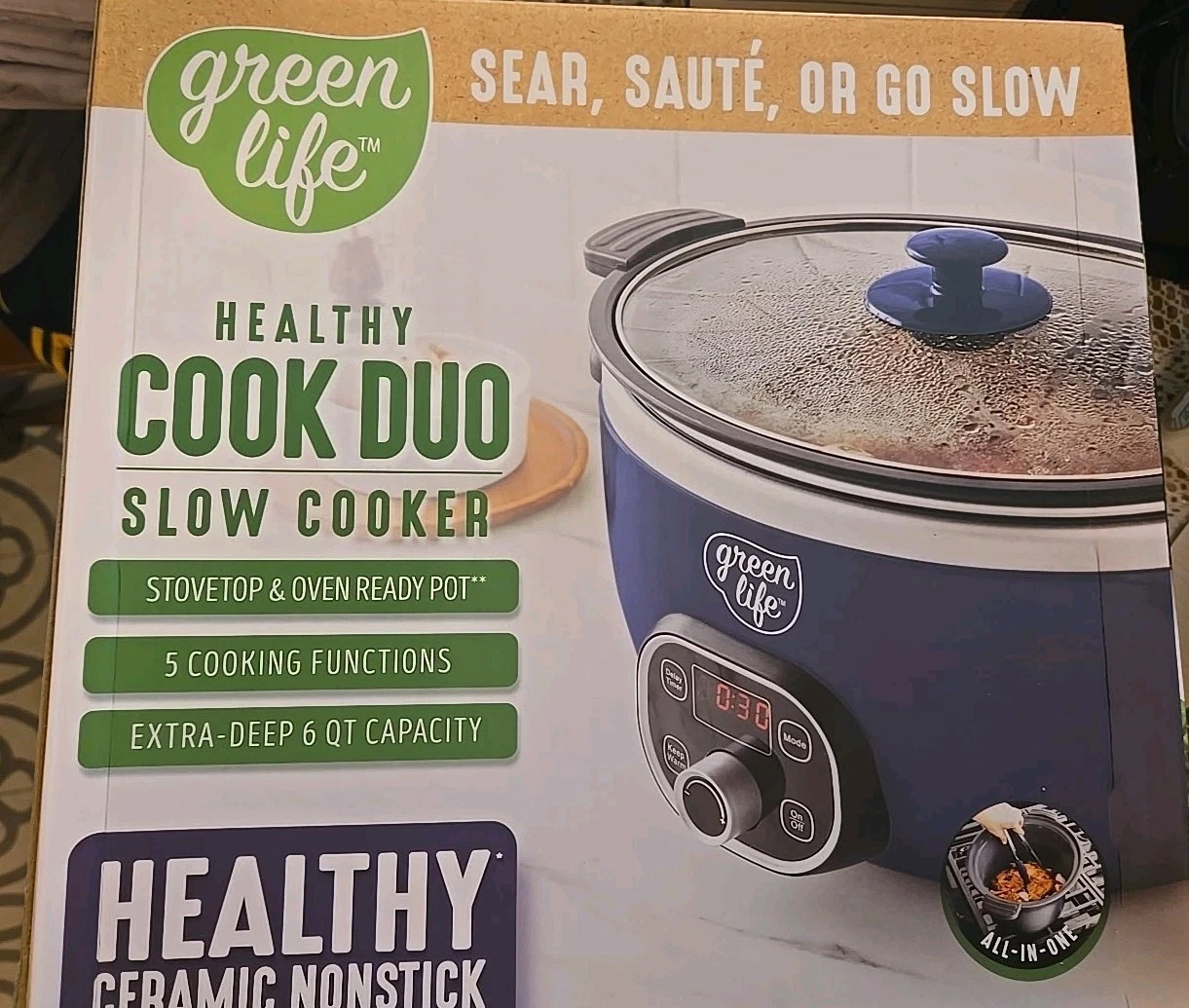 NEW- 5 Quart Green Life Healthy Cook Duo Slow Cooker, Nonstick PFAS-Free