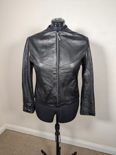 Ladies Per Una M&s Black Leather Jacket (close Fitting Body Style)