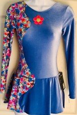 GK FIGURE SKATE DRESS ADULT X-SMALL LgS BLUE VELVET ASYM FLORAL PRINT AXS NWT