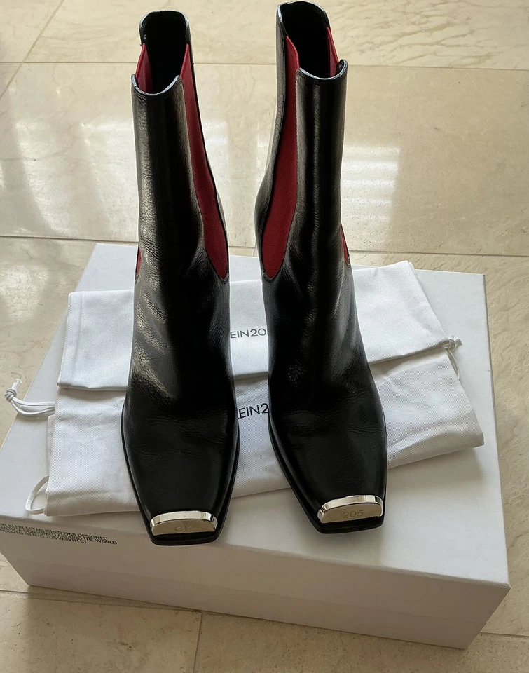 CALVIN KLEIN 205W39NYC Leather Printed Chelsea Ankle Boots Black Red Size 38 - Image 2 of 4