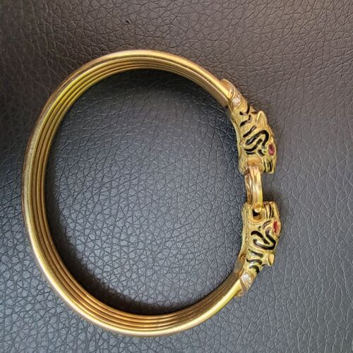 Tiger Heads Diamond & Ruby Enameled 18Kt Gold Hinged Bangle Bracelet France - Picture 4 of 12