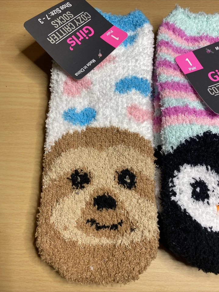 Niñas Acogedores Calcetines Critter Talla 7-3 Acogedores Difusos Peguín/mono/gato Cálidos Suaves Lote de 3 Foto 2 de 4