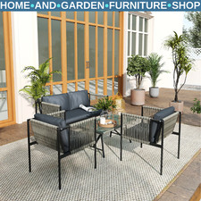 Sofa Set 4-Piece Rattan Rope Powder Coated Loveseat With Glass Tabletop Grey