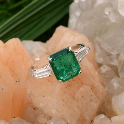 3.82 TCW Natürlich Si / H Diamant Sambianischer Smaragd Verlobungsring 14k Weiß - Bild 1 von 4
