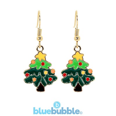 Bluebubble MERRY CHRISTMAS Tree Earrings Kitsch Kawaii Retro Funky Festive Party