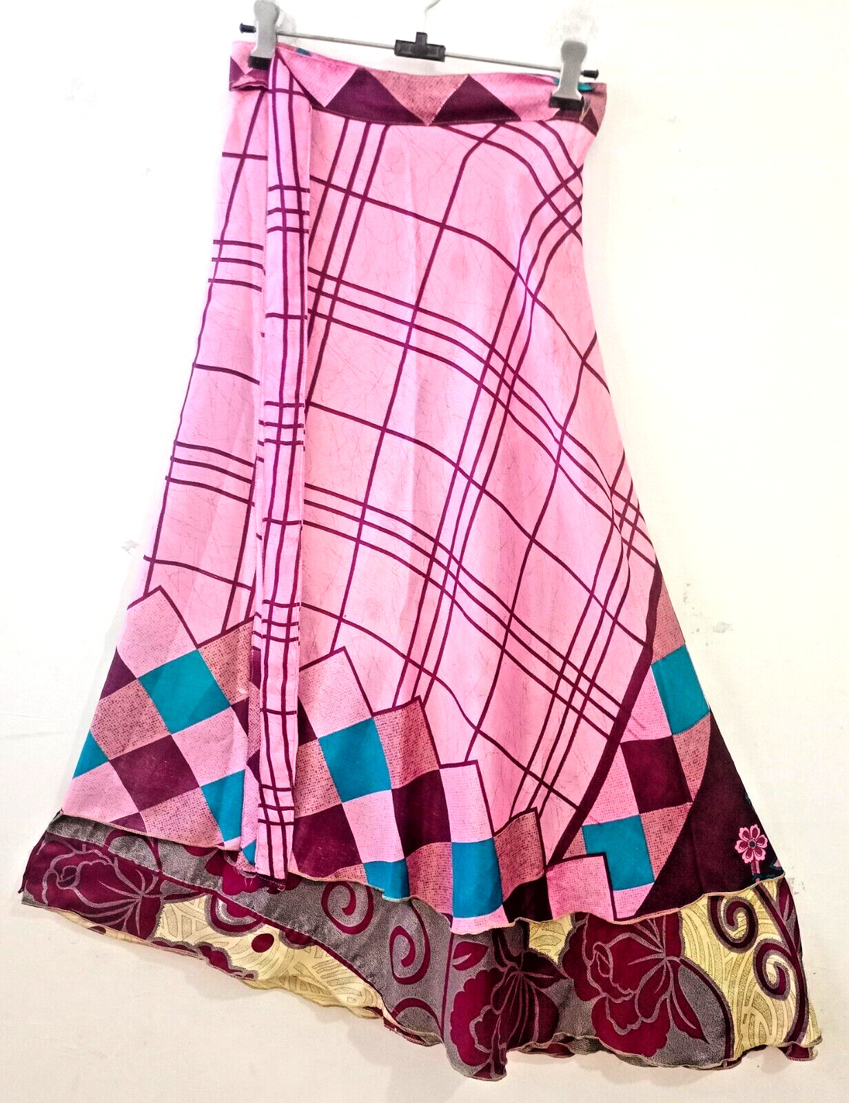 Falda envolvente de sari de seda india vintage larga boho gitana hippy verano...