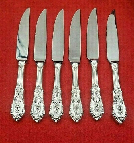 Juego de 6 cuchillos para carne dentados Rose Point de Wallace Sterling hechos a medida #13408 - Imagen 2 de 8