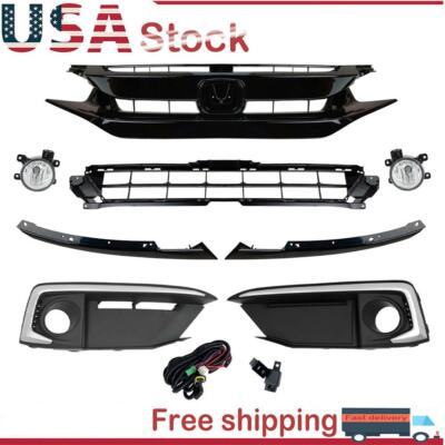 Front Upper Lower Grille/Fog Lights Black Set For 2019-2021 Honda Civic Sedan