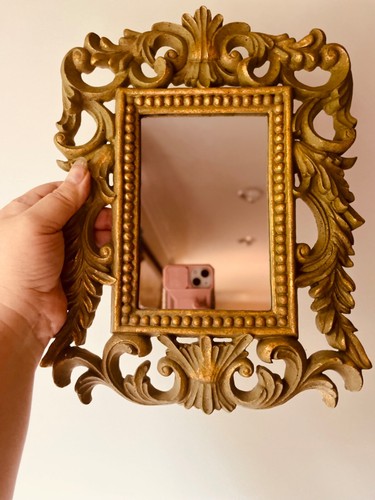 Vintage Gilded Ornate Gold gray /green Wall Hanging accent Mirror 12”x9” - Picture 4 of 5