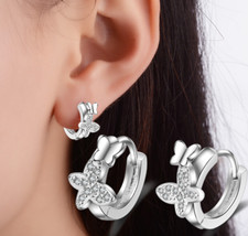 Women Girl 925 Sterling Silver Butterfly CZ Small Hoop Huggie Earrings 10mm PE40