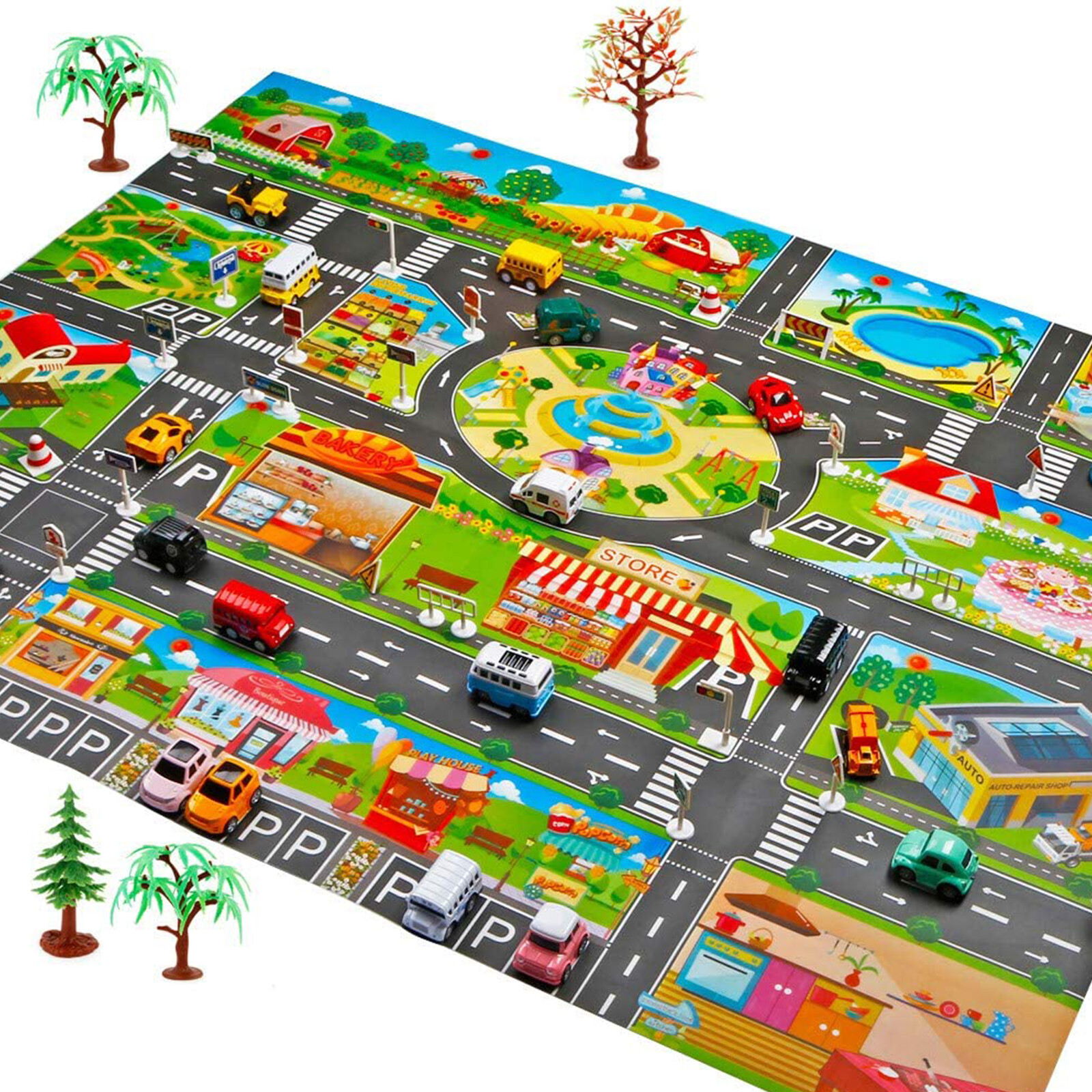 Children's Kid Rugs Town Road Map City Cars Toy Rug Play Village Mat