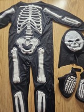 Halloween Cosplay Children's Costume Sz 8/10 Skeleton Body Suit Gloves Mask Kids