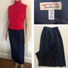 vtg TALBOTS Navy Blue Linen Blend Midi Skirt Sz 8 High Waist Button Up Lined USA
