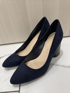 navy suede block heel pumps