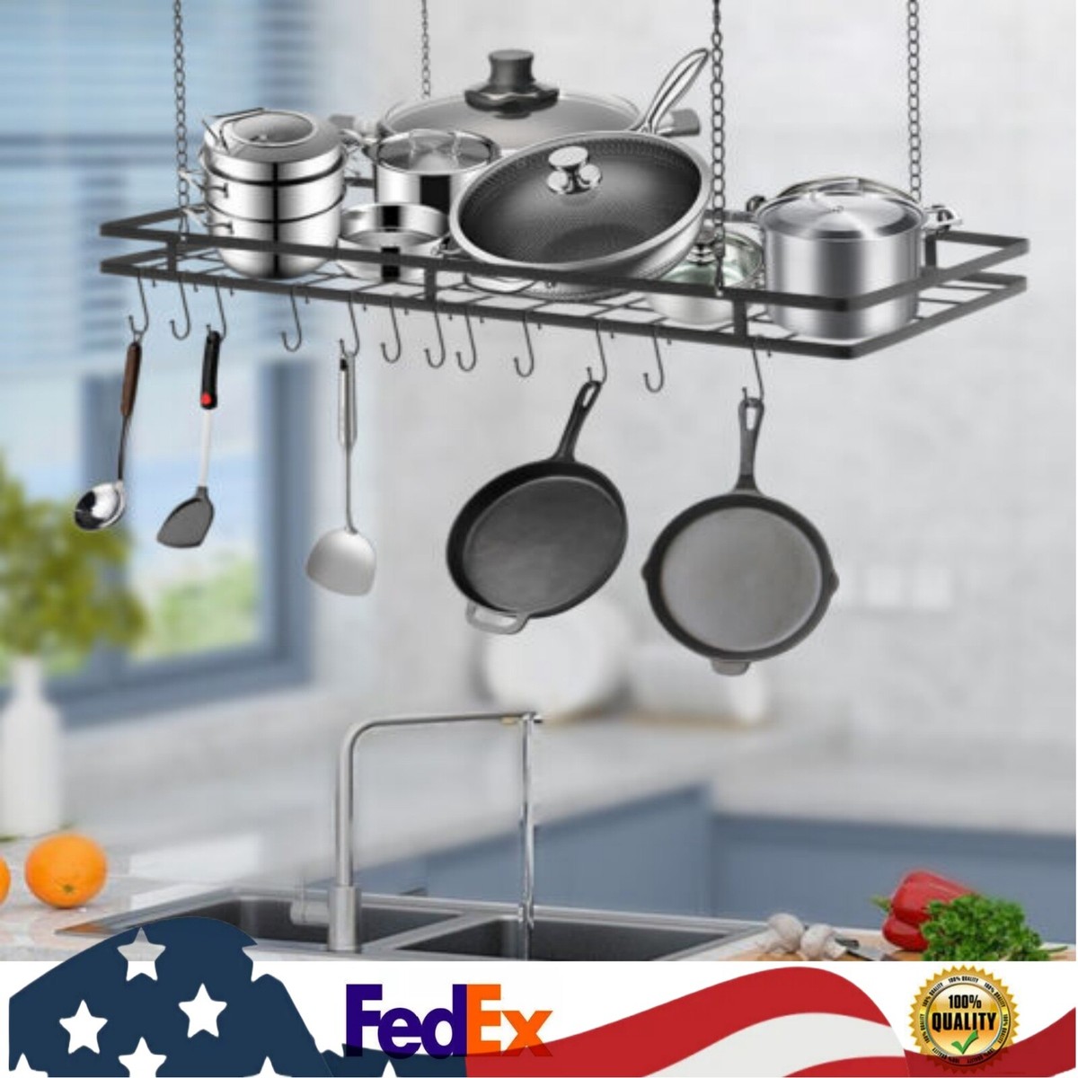Black Steel Ceiling Mounted Pot Rack Hanging Pots and Pans Organizer w/12  Hooks