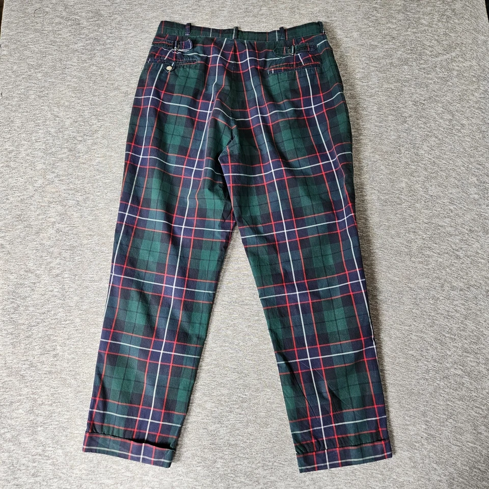 Vintage POLO Ralph Lauren Pants Green Tartan Plaid 100% Cotton Pleated Front - Image 2 of 4