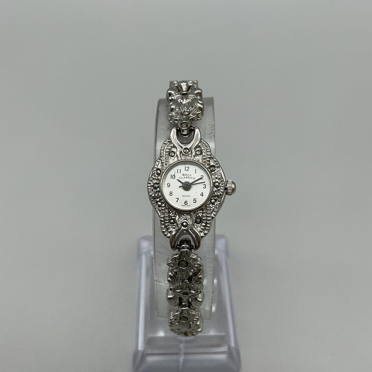 Boca Classics Womens Watch 17mm Marcasite Silver Tone Floral New