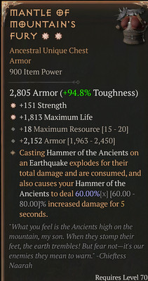  DIABLO 4 SEASON 13 LoH Chest Mantle of Mountain's Fury 2GA Str + Life +Reso