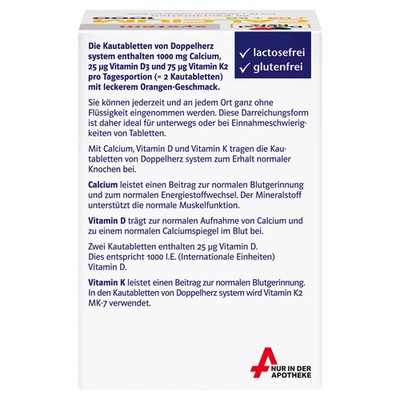 DOPPELHERZ Calcium 1000+D3+K2 system Kautabletten 60 St PZN 15611577