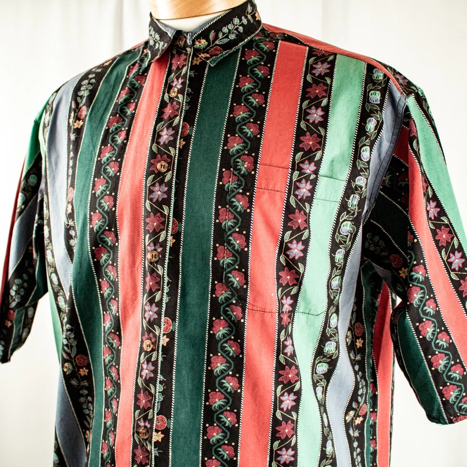 ESPIRIT Vintage Black Red Green Floral Striped Men Short Sleeve Shirt Size M - Image 4 of 4