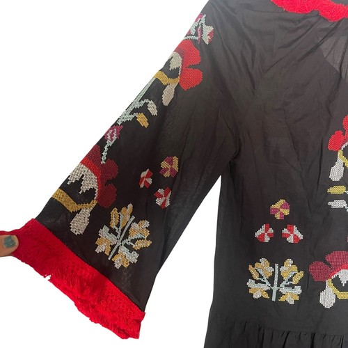 Stellah Dress XS Black Red Embroidered Floral Tassel Fringed Bohemian Flare - Picture 5 of 9