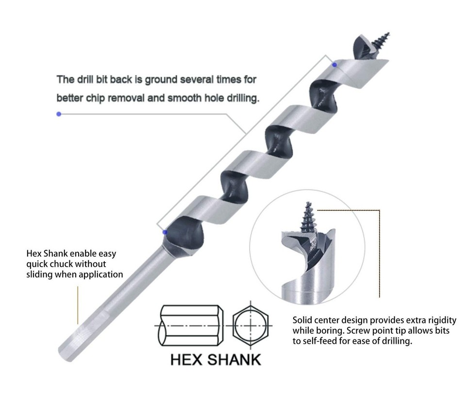 Wood Auger Bits 3/4 in. x 9 in. Screw Point Hex Shank for Wood Deep ...