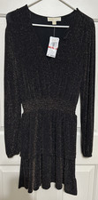 NWT Michael Kors size XS black gold long sleeve ruffled fit & flare dress womens