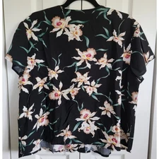Paradise Found Hawaiian Floral Rayon Button Up Blouse Black XL Vintage Women