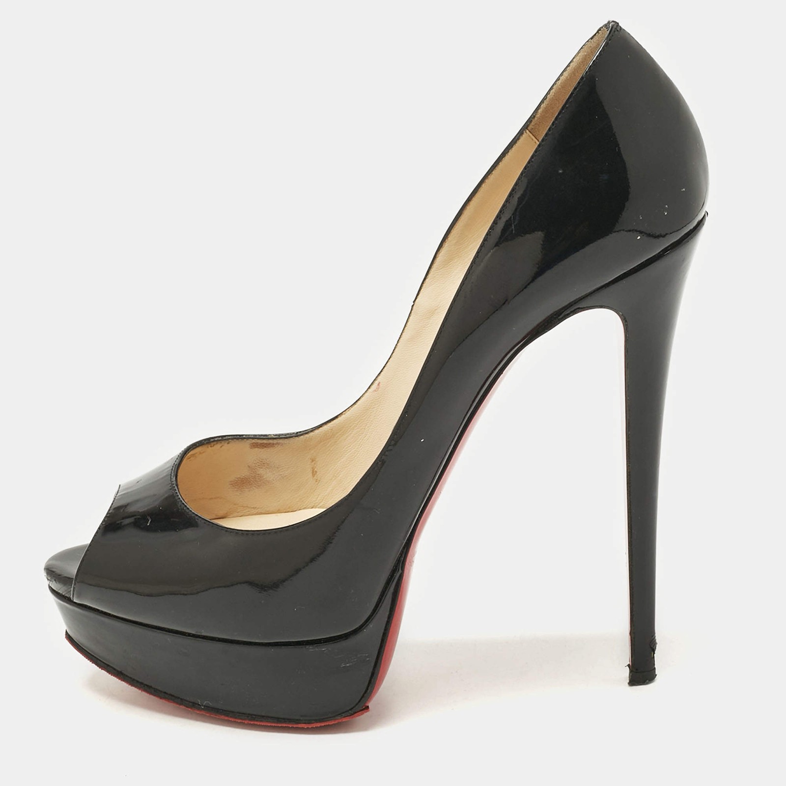 Christian Louboutin Black Patent Leather Lady Peep Toe Platform Pumps Size 40.5