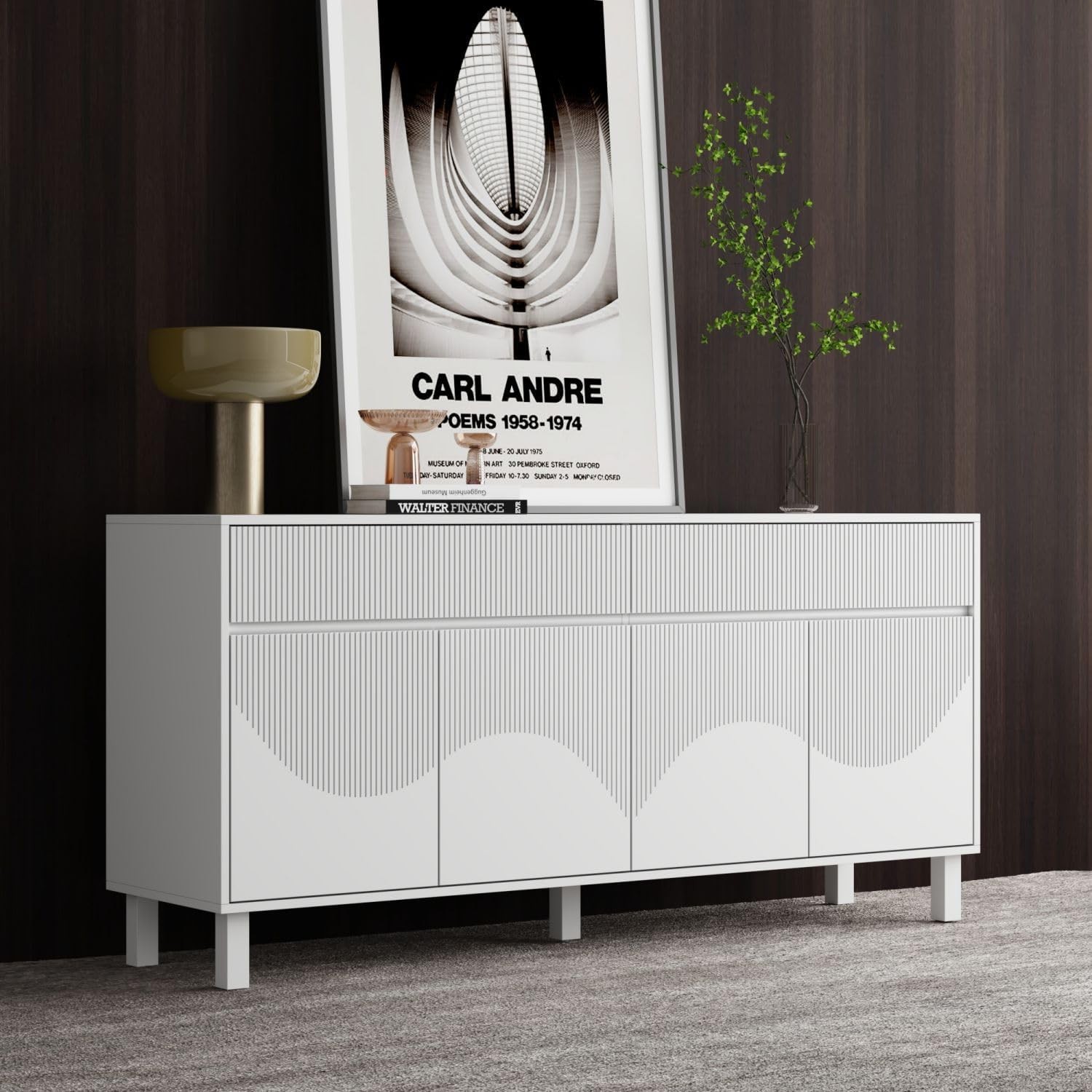 Sideboard Storage Cabinet with 4 Doors & 2 Drawers, No Handles, Modern