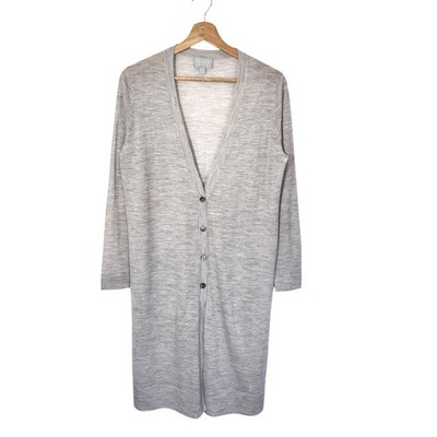 Pure Collection Superfine Wool Long Button Cardigan Sweater Women's 6 Grey Thin