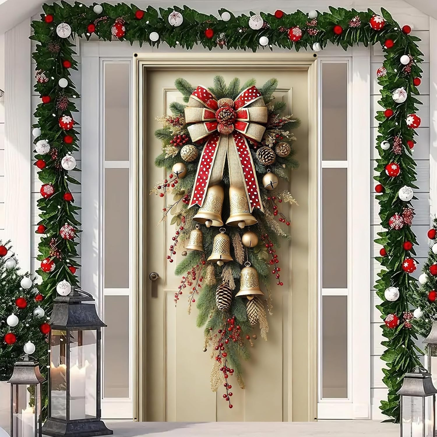 Christmas Door Cover 71x35 Inch with Red Bow & Golden Bells Decor