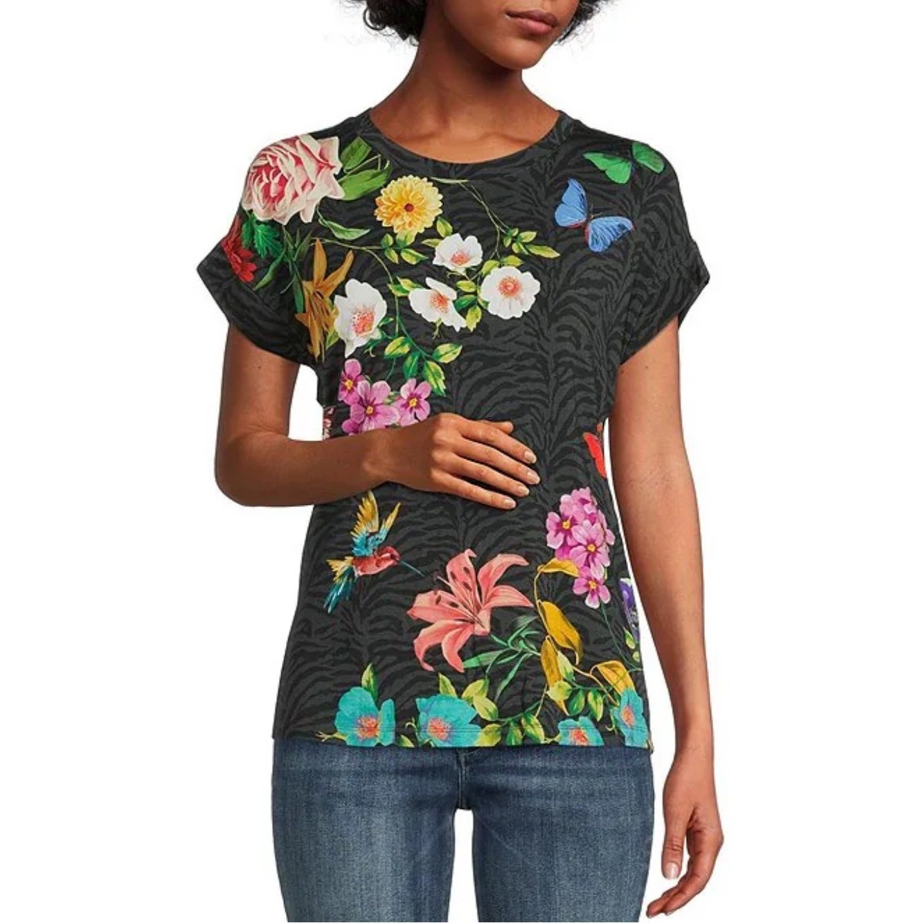 Johnny Was Blooming Breeze Floral Print Short Sleeve Relaxed Tee Size Medium