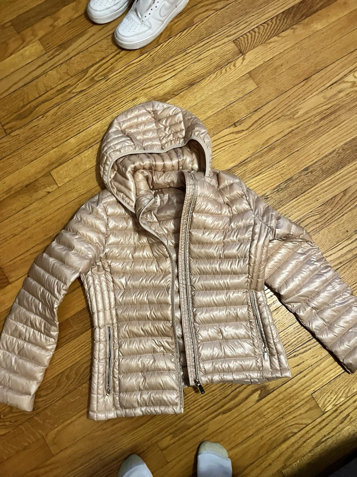 Calvin Klein Packable Light Quilted Down Puffer Jacket Ruffle Hem Champagne S