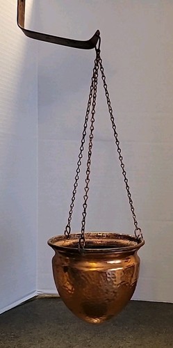 Vintage Hammered Copper Hanging Planter With Chains And Holder
