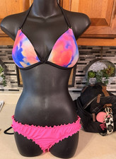 Victoria's Secret Pink Tie Dye Ruffle Bikini Set M Halter Lined 2 Piece