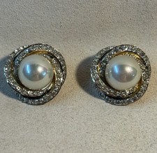 Orecchini Vintage AIROLDI Argento Sterling Vermeil Perla/Cristallo Clip On Made In Ita 