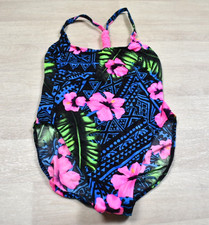 80s 90s Swimsuit High Cut Neon Tropical Floral Geometric 11/12 VTG