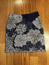 Talbots 10 P Navy Blue White Floral Print Skirt Silk Cotton Blend Lined Women s