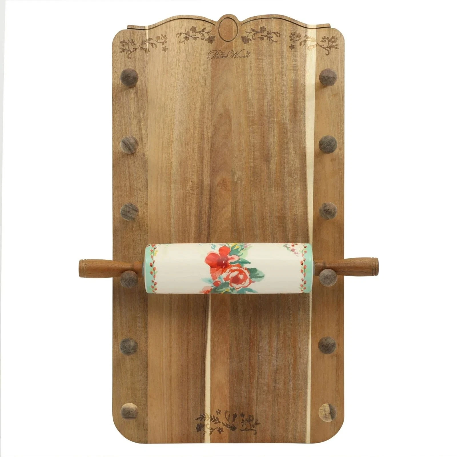 Pioneer Woman Painted Meadows Ceramic Rolling Pin Wood Holder Rack Gift NEW