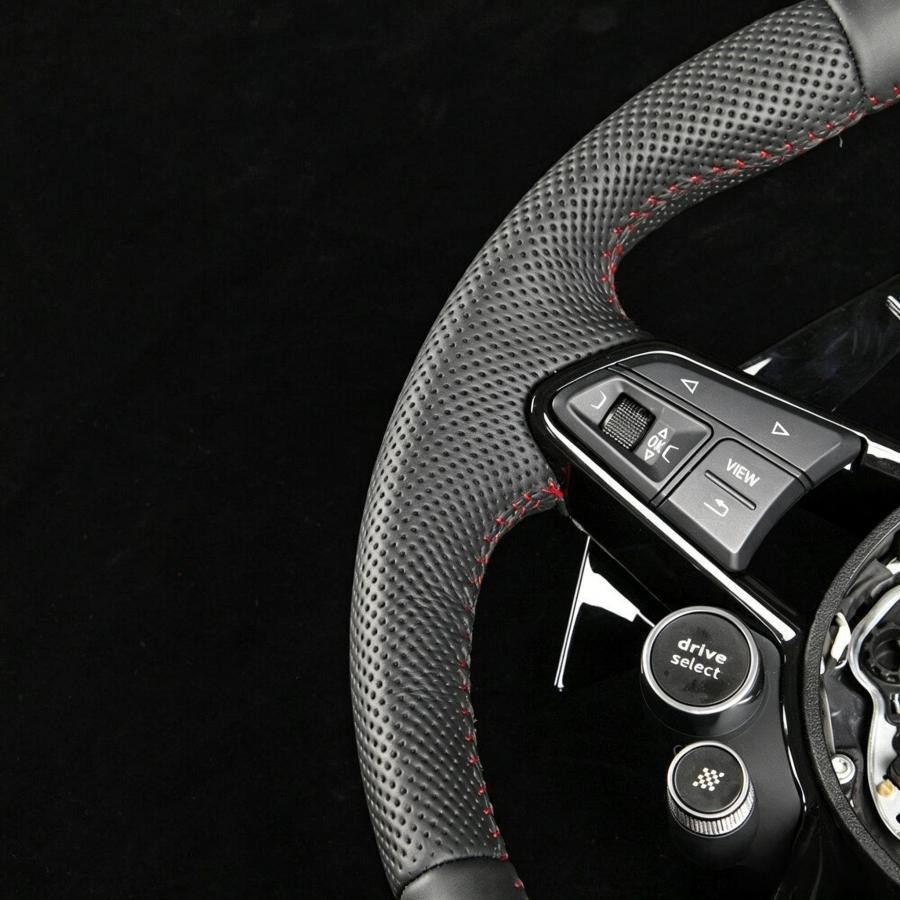 Audi Custom Q/RS Flat Bottom Steering Wheel – Black Leather, White Stitching, Perforated Grips, Silver Paddles | Fits Q3, Q5, SQ5, Q7, Q8, SQ8, RSQ8, A6, A7, S6, S7 + more | Plug & Play | With Airbag | Upgrade for Older Models Available